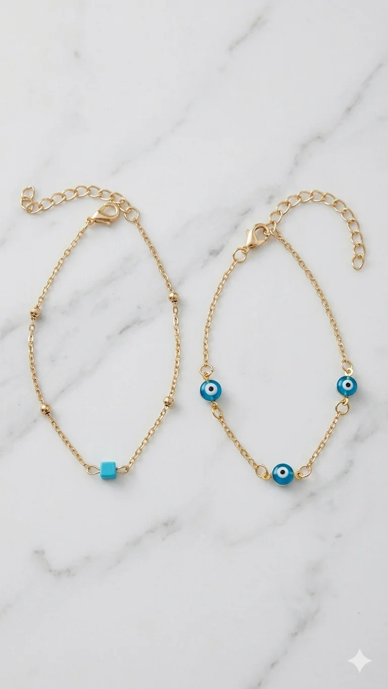 2-in-1 Frauen Armband-Set „Evil Eye & Türkis“ – Gelbbrillant