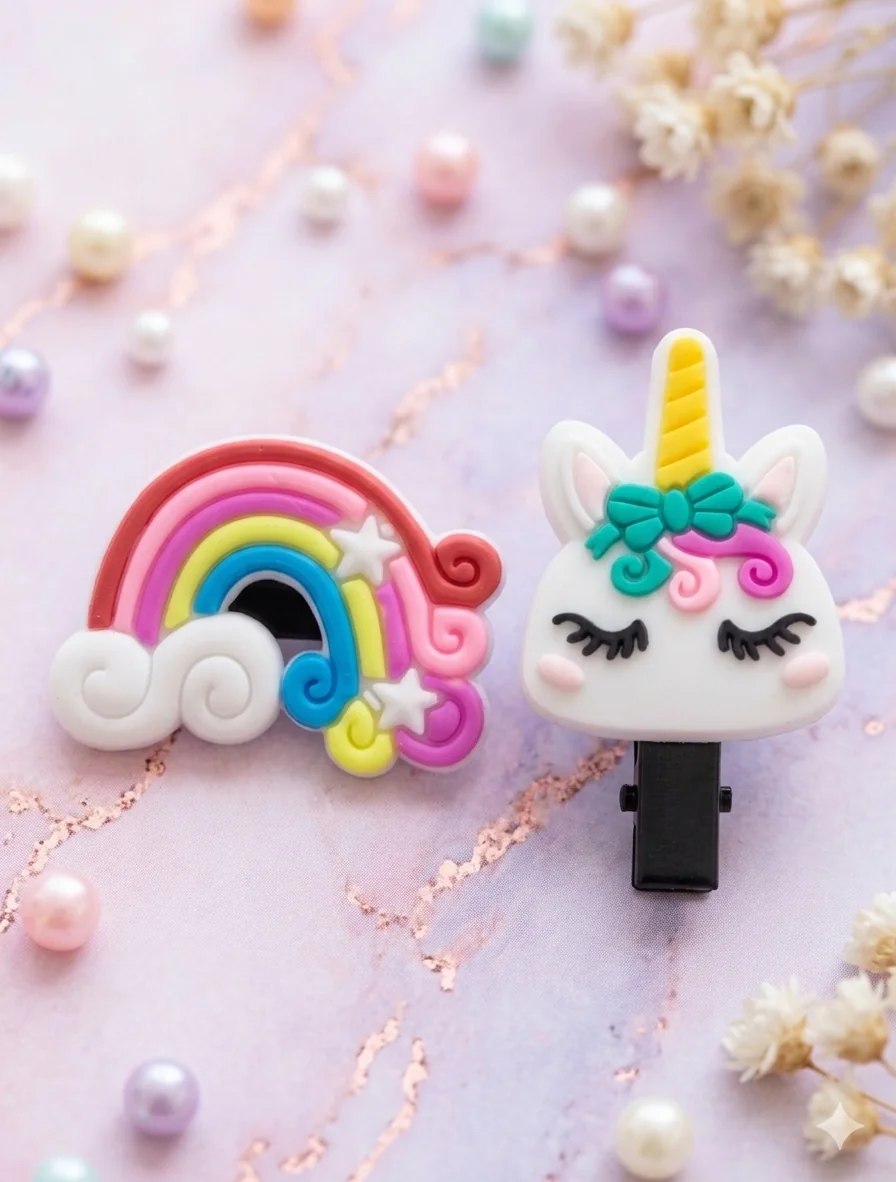 2er-Set Kinder-Haarklammern mit Einhorn & Regenbogen (4 cm)