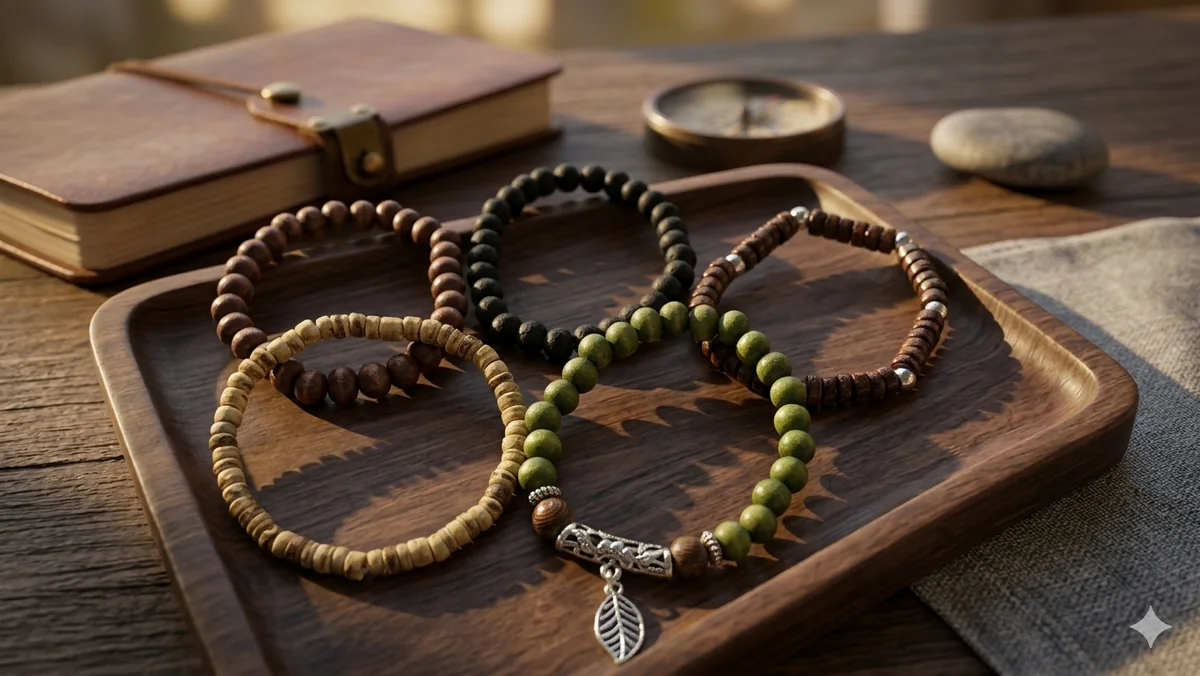 5er-Set Herren-Armbänder im Holz- & Naturstein-Look – Maskuliner Layering-Style mit Blatt-Anhänger