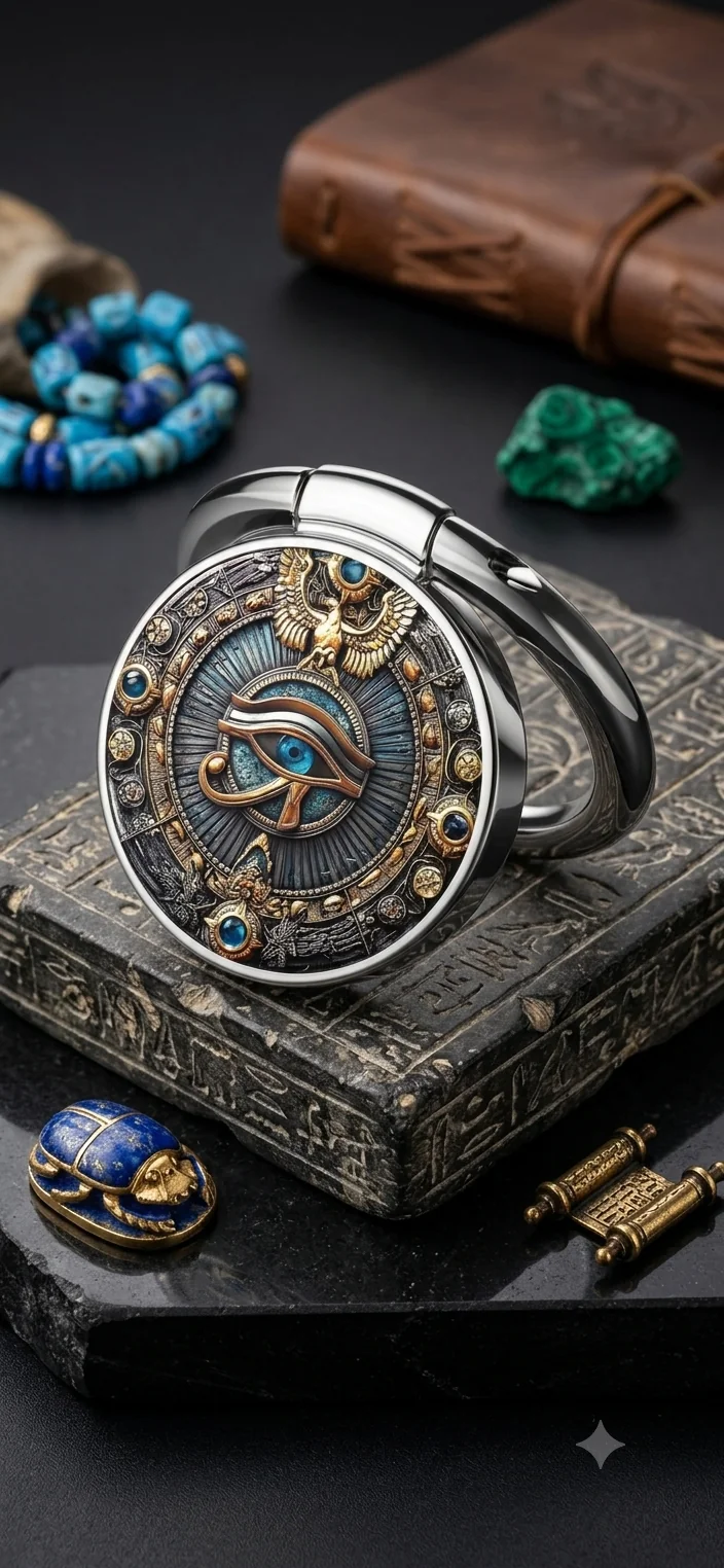 Ägyptischer Handyring „Auge des Horus“ – Antiker Smartphone Fingerhalter & Handyständer mit Skarabäus & Falken-Motiv Silber (Ø 3,5 cm)