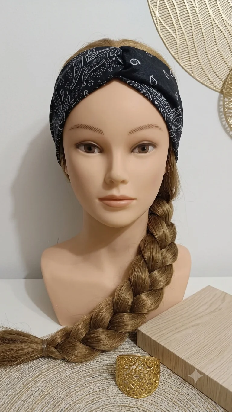 Bandana Stirnband mit Paisley-Muster, gedrehtes Haarband in Schwarz-Weiß für Frauen