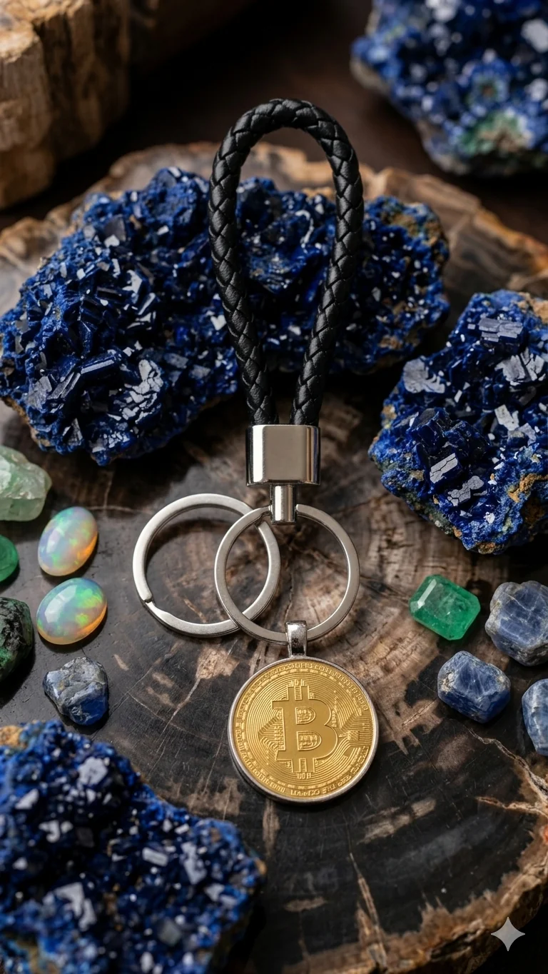 Bitcoin Schlüsselanhänger aus Leder & Edelstahl, 14,5 cm, Anhänger Ø 3 cm für Männer