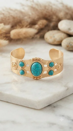 Boho-Chic Armreif „Turquoise Dream“ – Breiter Manschettenarmreif mit türkisfarbenen Steinen FÜR FRAUEN