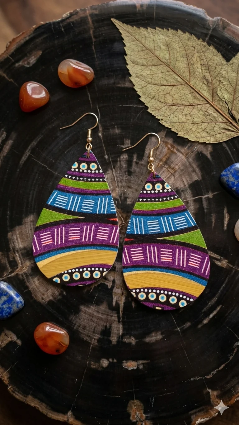 Boho Holz-Ohrringe „Tribal Rhythm“ – Tränenförmige Ethno-Hänger aus Holz mit glänzend goldenem Mudcloth-Muster (ca. 6,5 cm) für Frauen8