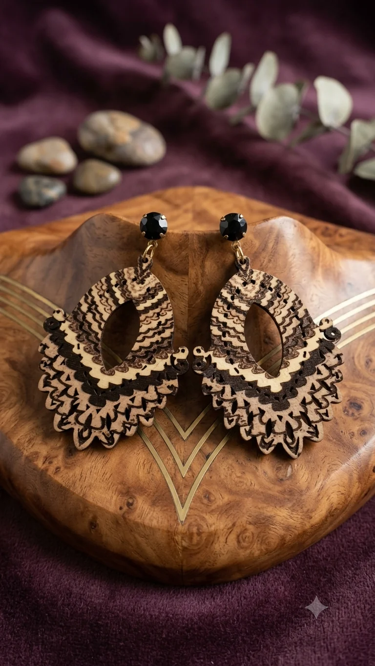 Boho-Statement-Ohrringe für Frauen – Filigraner Holzschmuck mit schwarzem Stein