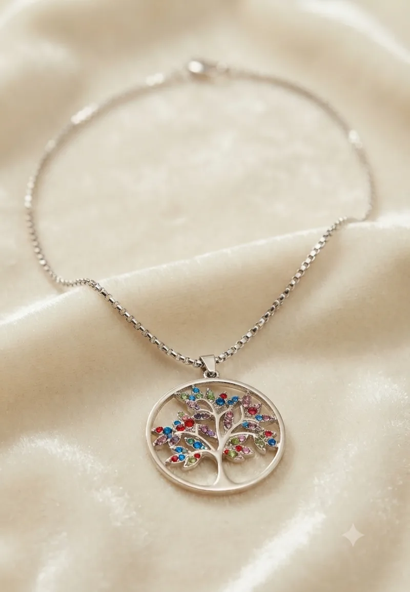 Bunte Lebensbaum Halskette Silber-Look