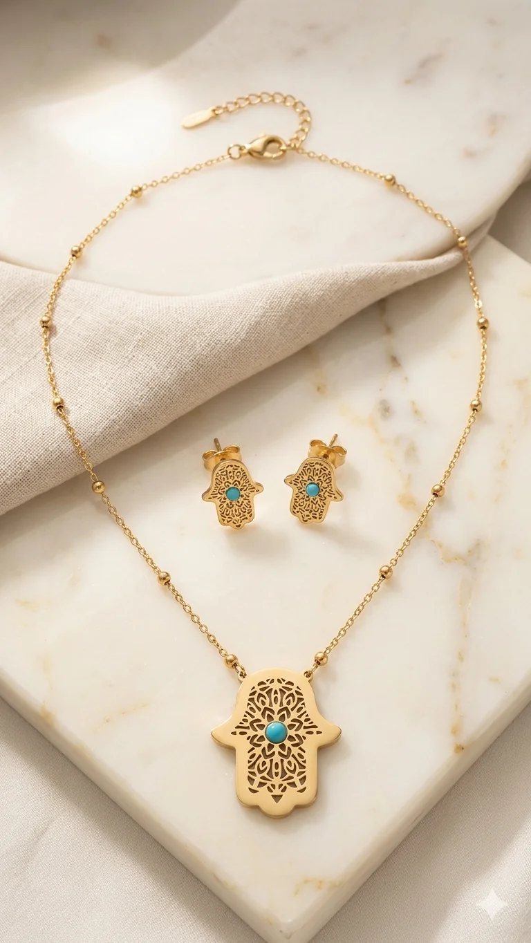 Damen-Schmuckset „Hamsa Turquoise“ – 2-teiliges Set aus Halskette und Ohrsteckern  (Für Frauen)