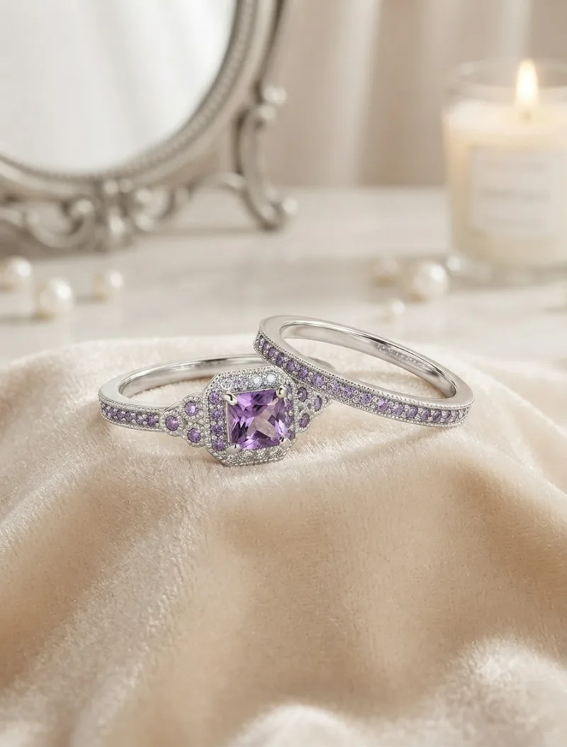 Edles Amethyst-Lila Ring-Set Silber-Look – 18 mm