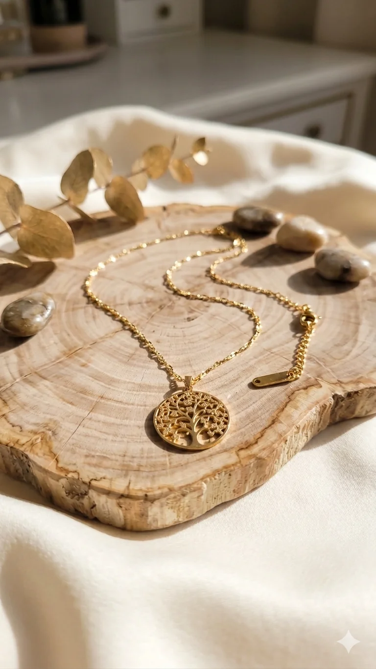 🌳 Elegante Lebensbaum-Halskette „Golden Roots“ – Glänzende Gliederkette mit Strass-Details  (Für Frauen)