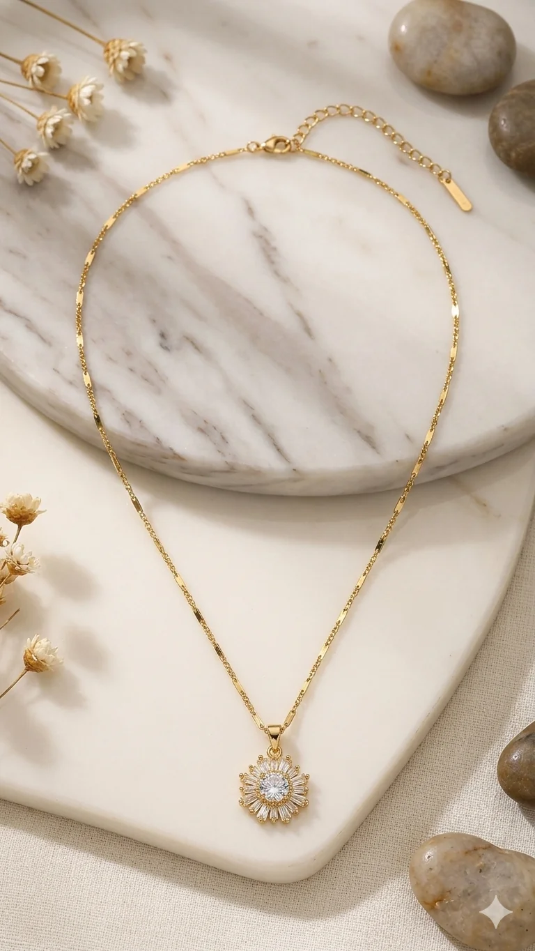 Elegante Sonnenblumen-Halskette mit Baguette-Kristallen in Gold-Optik – Stylischer Modeschmuck   (Für Frauen)