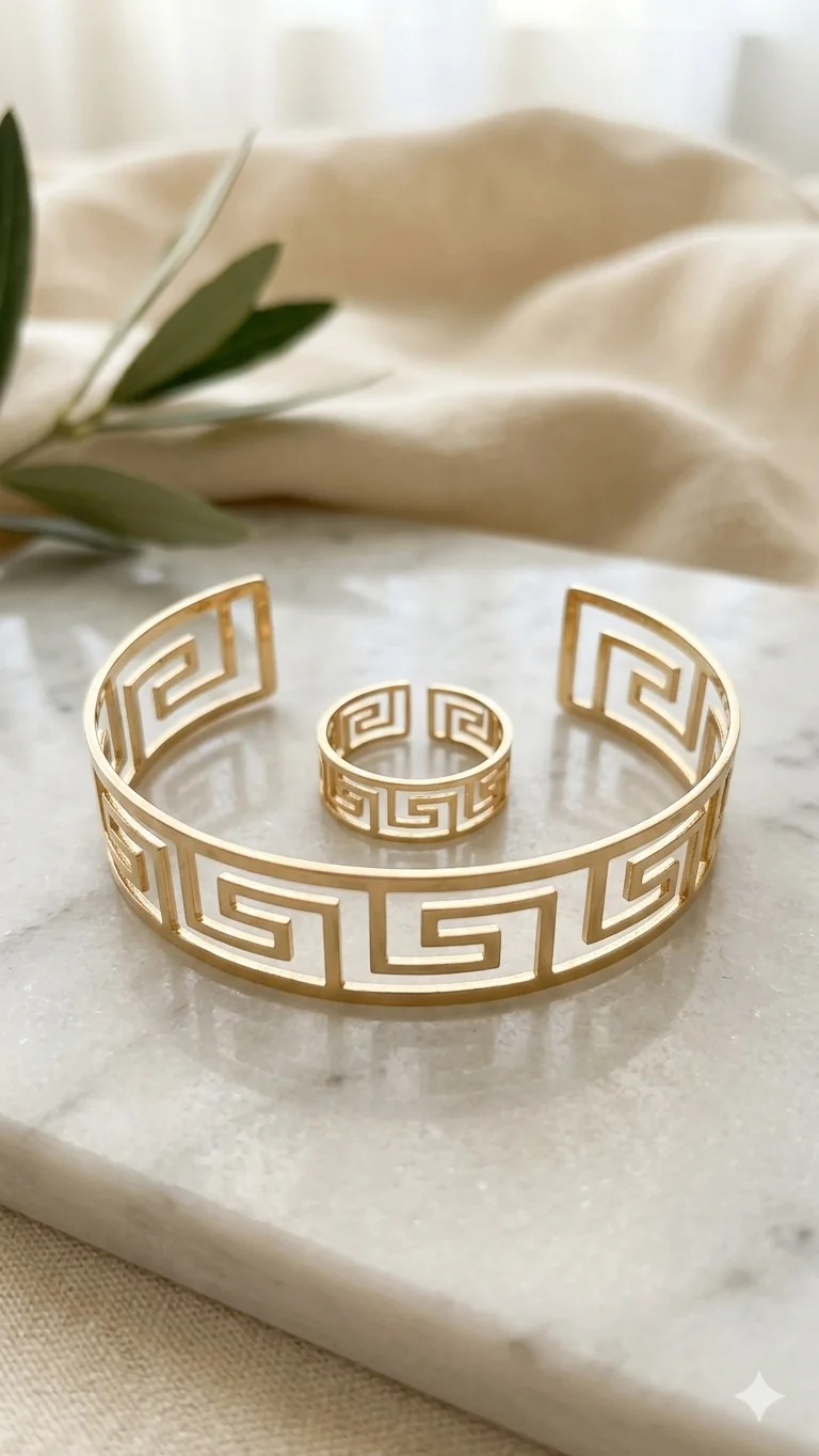 .🌟 Elegantes Antik-Schmuckset „Mäander“ – Armspange & Ring in edler Goldoptik  (Für Frauen)