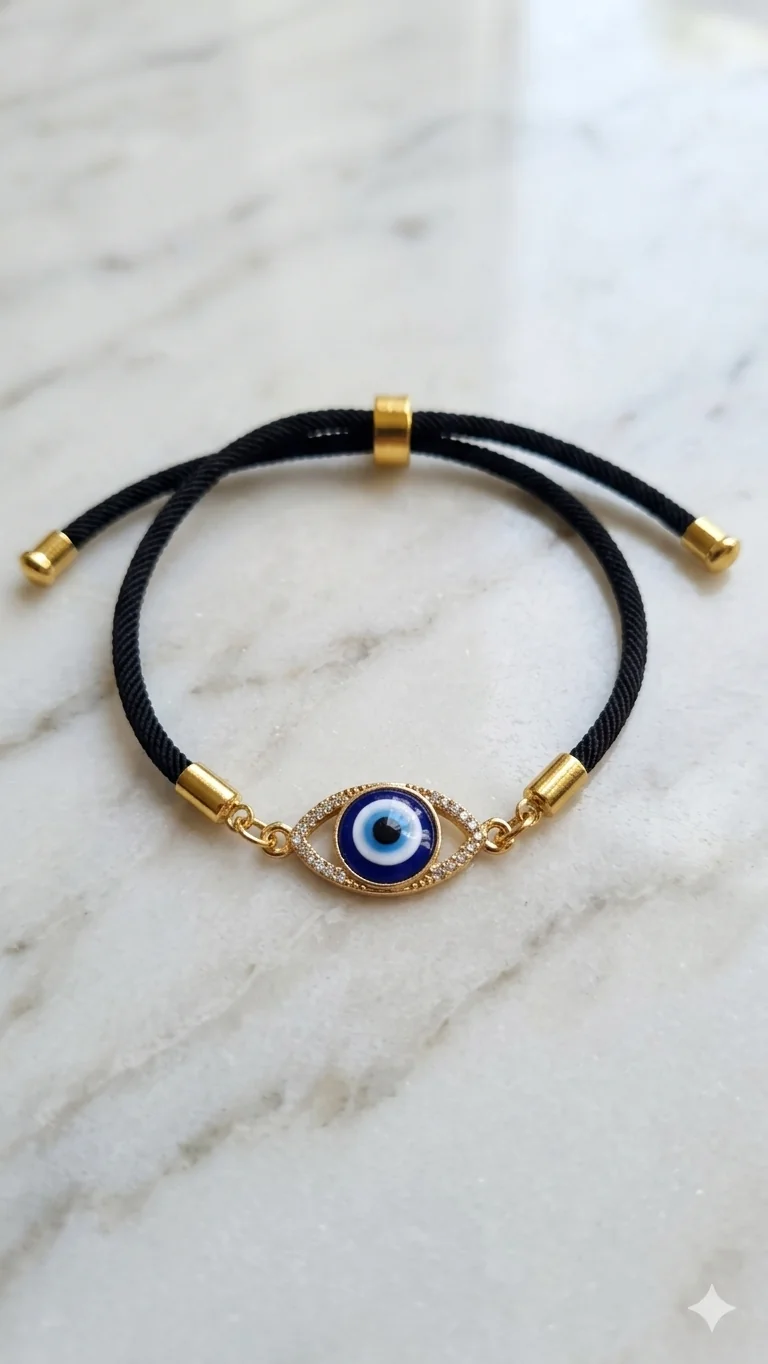 Elegantes Kordelarmband mit Nazar-Auge & Kristallen – Stilvoller Modeschmuck in Gold-Optik (Verstellbar)  (Für Frauen)
