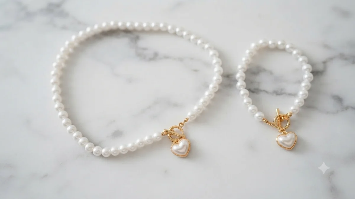 Elegantes Perlen-Schmuckset „Romance“ – Halskette & Armband mit Herzanhänger für Frauen