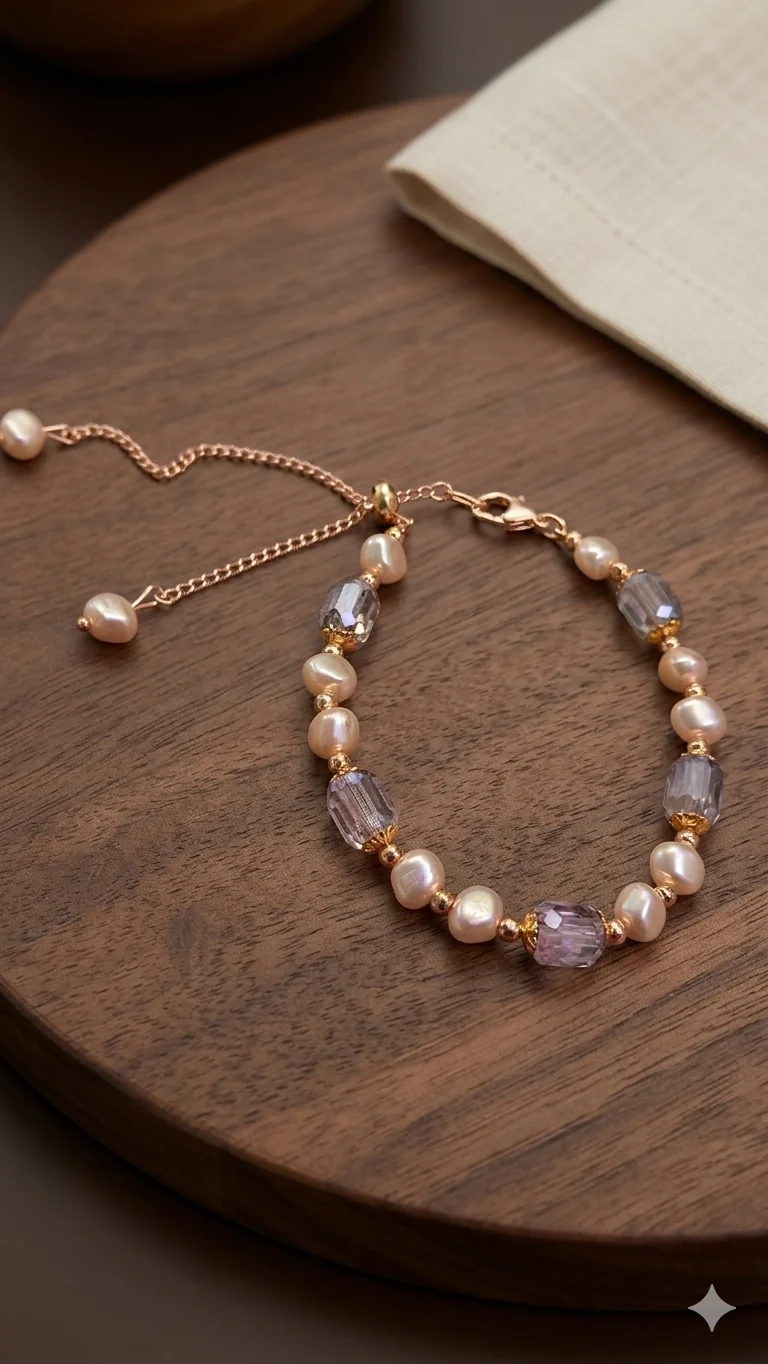 Elegantes Perlenarmband „Rosa“ – Süßwasserperlen & Fasetten-Kristalle  (Für Frauen)