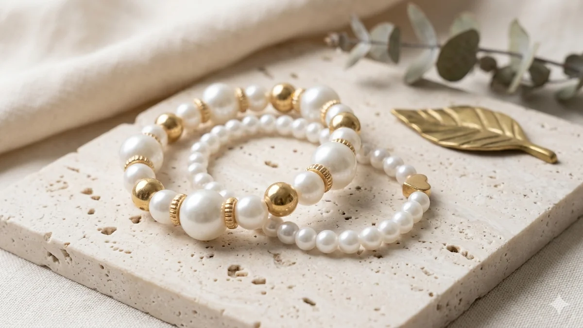 Elegantes Perlenarmband-Set „Perlenzauber“ – Klassisches Weiß, goldene Akzente & dezentes Herz  (Für Frauen)