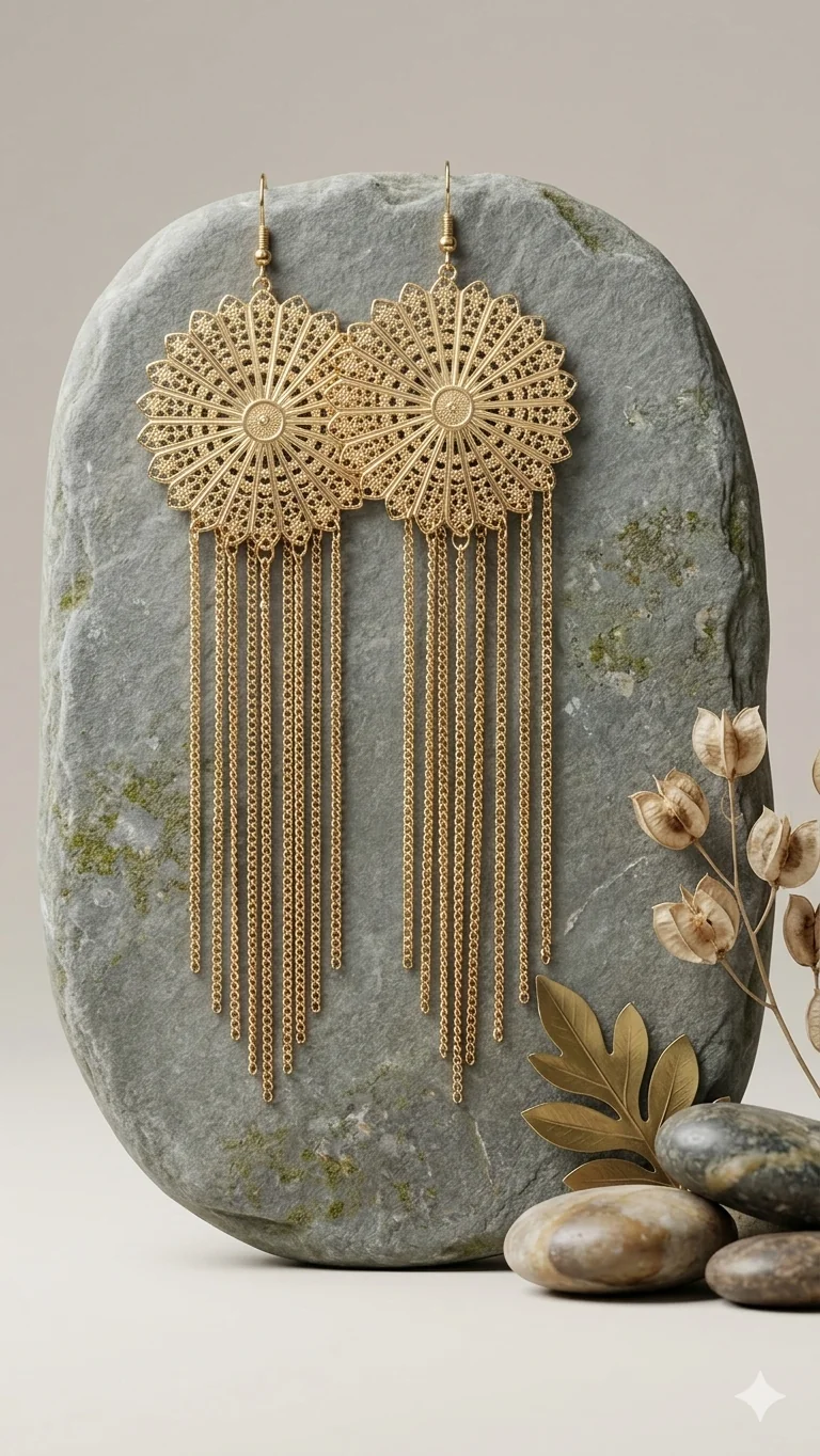 Extralange Mandala-Statement-Ohrringe mit Kettenfransen in Gold-Optik – Stylischer Modeschmuck (14 cm)  (Für Frauen)
