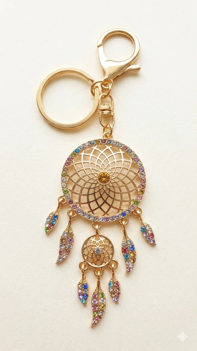 Farbenfroher Traumfänger-Anhänger mit Regenbogen-Kristallen in Gold-Optik – Stylischer Taschen- & Schlüsselanhänger  (Für Frauen)