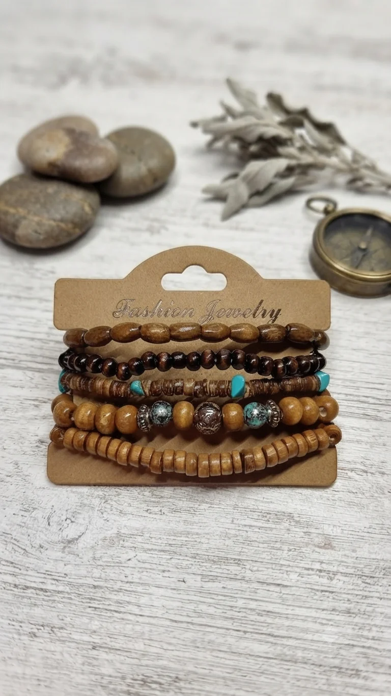 Fünfteiliges Holzperlen-Armband-Set im Ethno-Stil – Elastische Surfer-Armbänder mit Türkis-Akzenten für Männer
