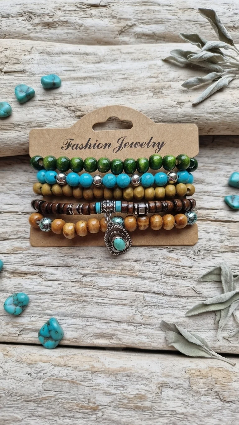 Fünfteiliges Holzperlen-Armband-Set mit Ethno-Medaillon – Elastische Surfer-Armbänder mit grünen & türkisen Akzenten für Männer