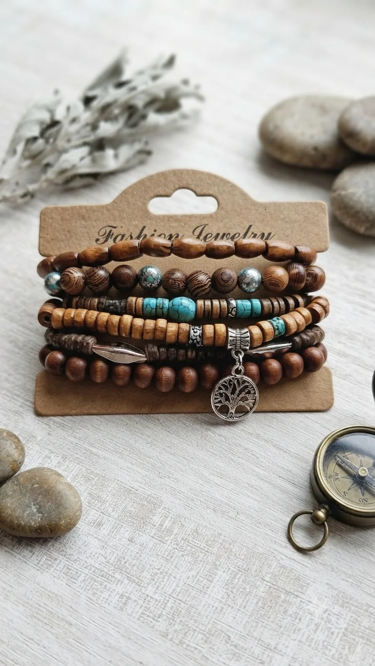 Fünfteiliges Holzperlen-Armband-Set mit Lebensbaum-Anhänger – Elastische Surfer-Armbänder mit Türkis-Akzenten für Männer