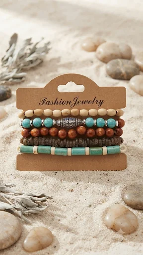 Fünfteiliges Holzperlen-Armband-Set mit Türkis-Elementen – Elastische Surfer-Armbänder mit Kordelzug für Männer