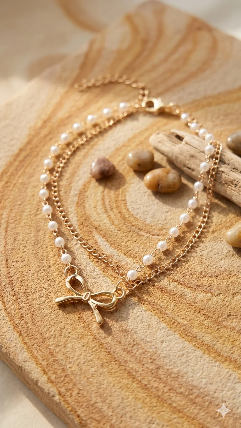 Fußkettchen „Sweet Bow“ – Filigranes Schmuckstück mit Perlen und Schleifen-Anhänger  (Für Frauen)