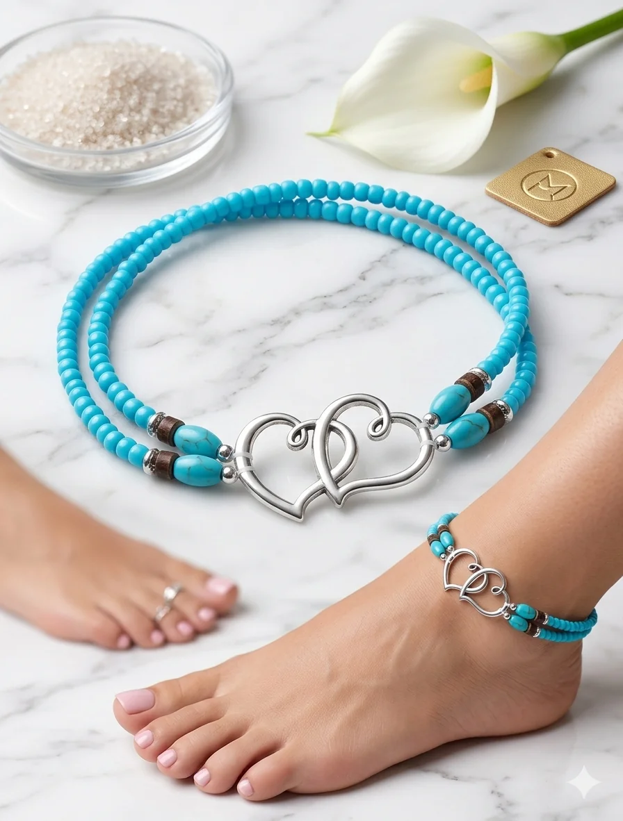 Fußkette „Double Heart“ mit Türkis-Optik (Für Frauen)