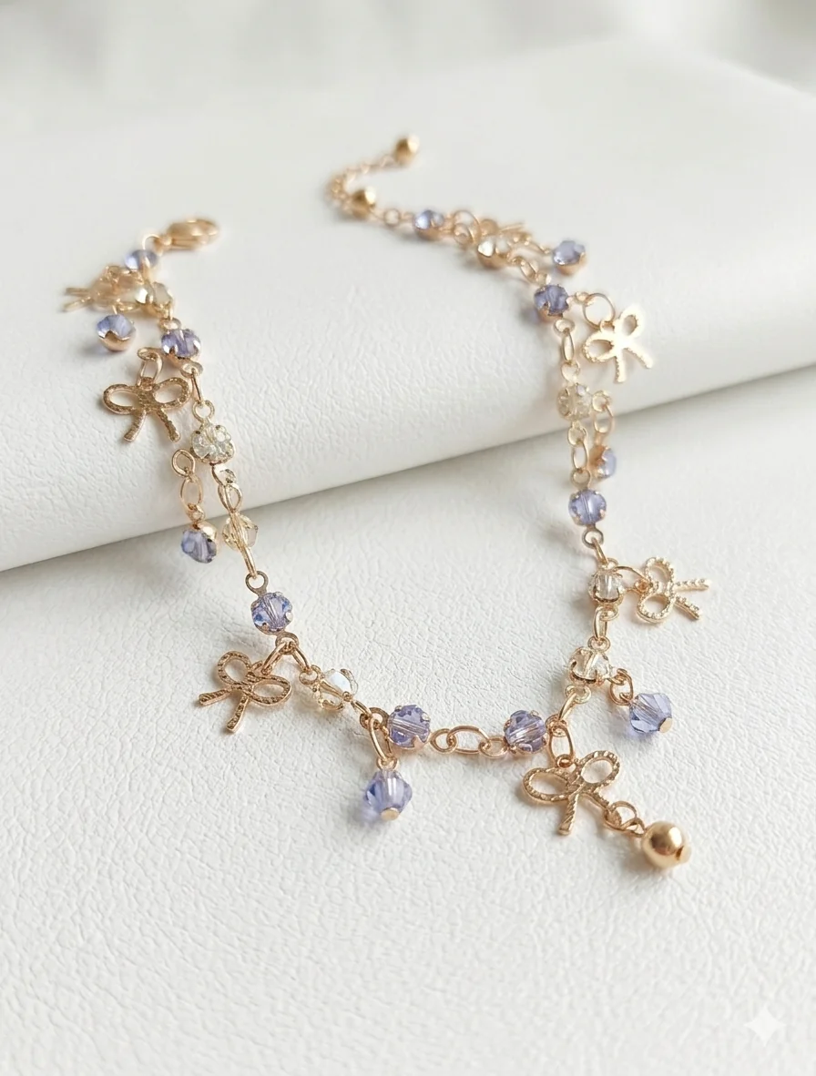 Fußkette mit Schleifen & lila Kristallperlen  (Für Frauen)