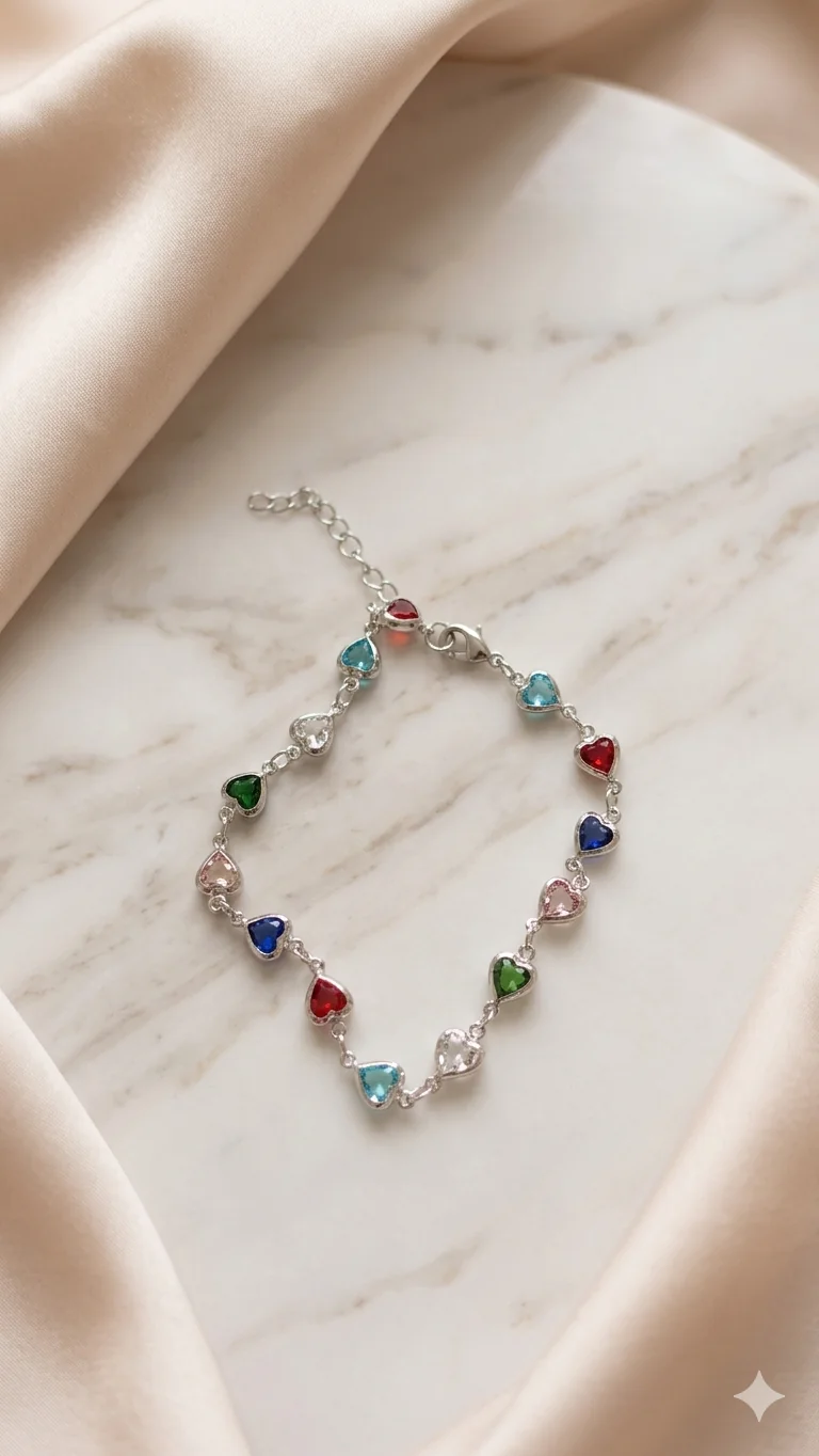 💎 Fußkette „Rainbow Hearts“ – Edle Silber-Optik mit bunten Kristall-Herzen  (Für Frauen)