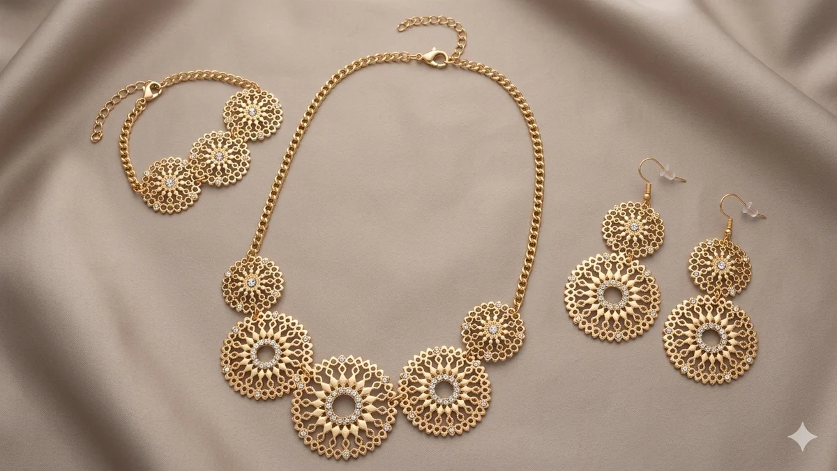 „Golden Mandala“ – 3-teiliges Set aus Halskette, Armband und Ohrringen  (Für Frauen)
