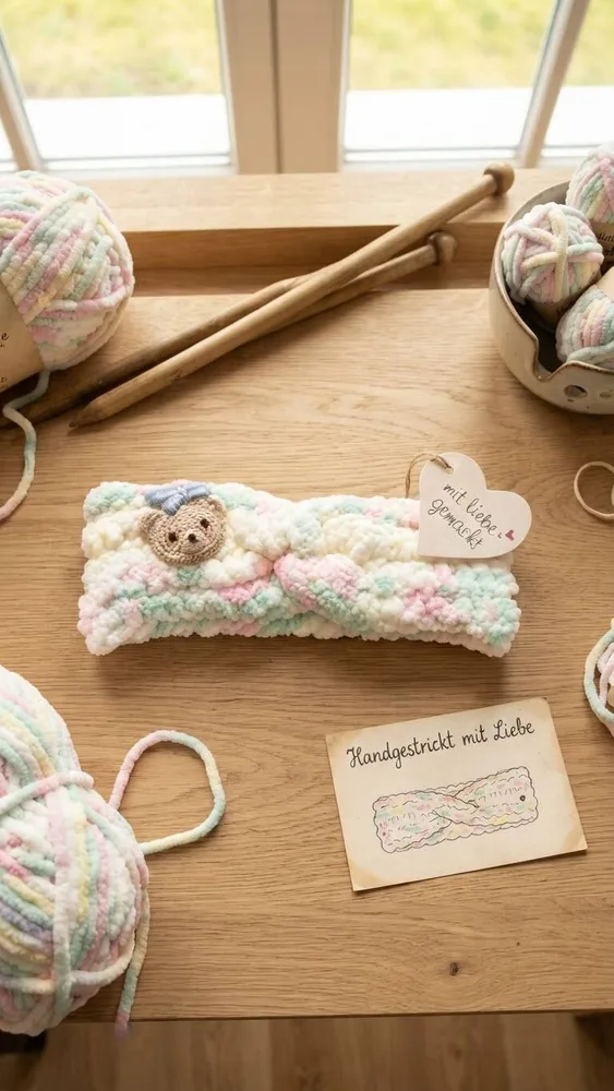 Handgehäkeltes Baby- & Kleinkind-Stirnband „Teddy Joy“ mit blauem Schleifchen