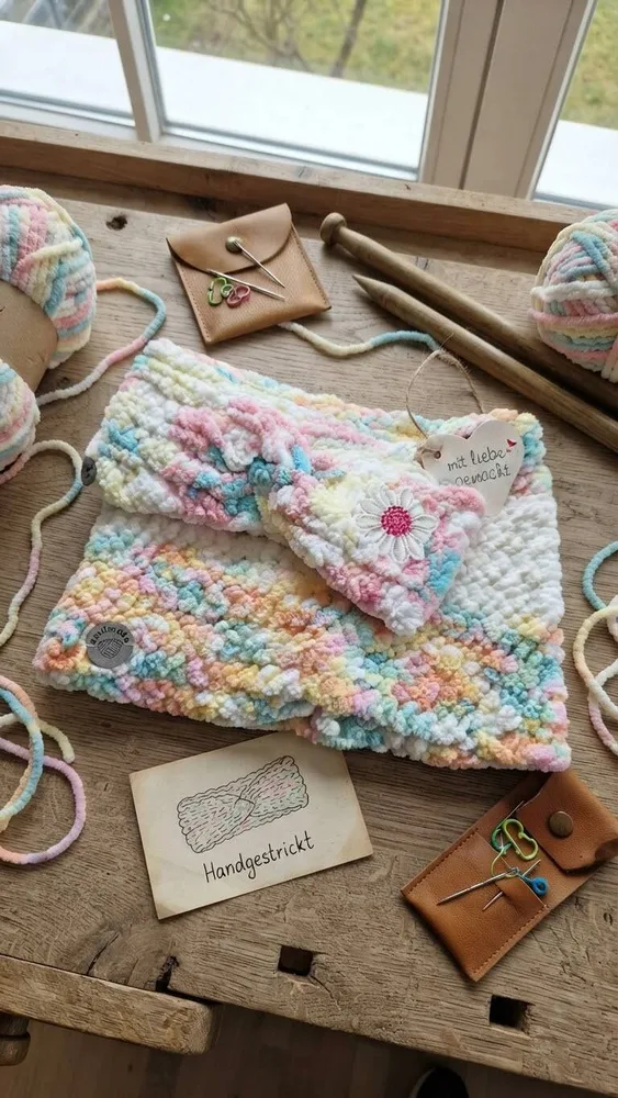 Handgehäkeltes Chenille-Set „Candy Dream“ – Stirnband & Loop-Schal