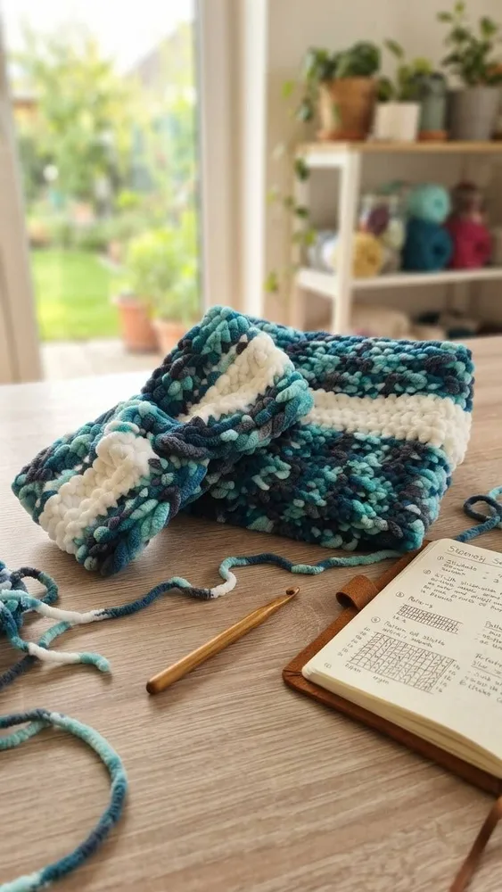 Handgehäkeltes Chenille-Set „Deep Ocean“ – Stirnband & konischer Loop-Schal