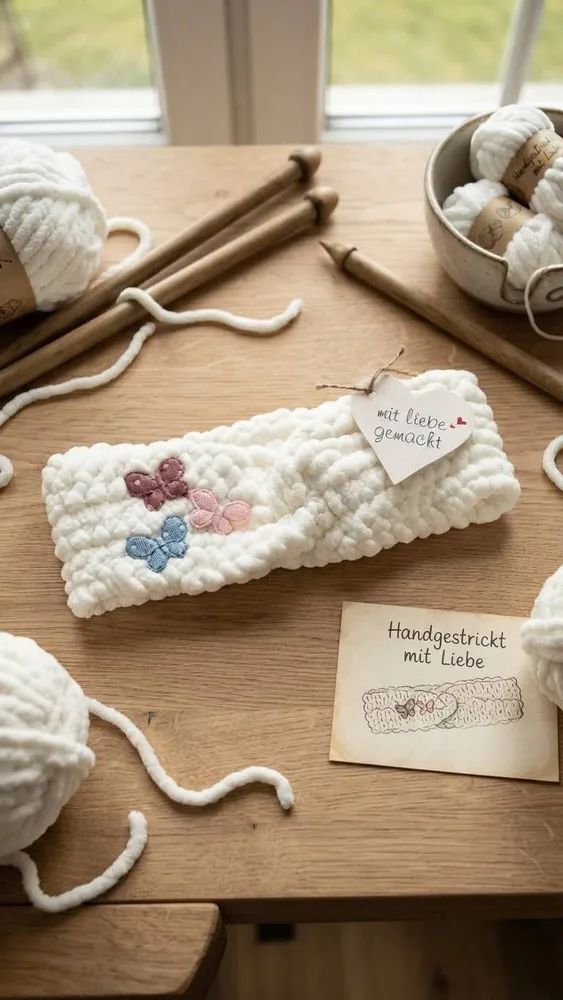 Handgehäkeltes Chenille-Stirnband „Butterfly Harmony“ mit Deko-Schmetterlingen