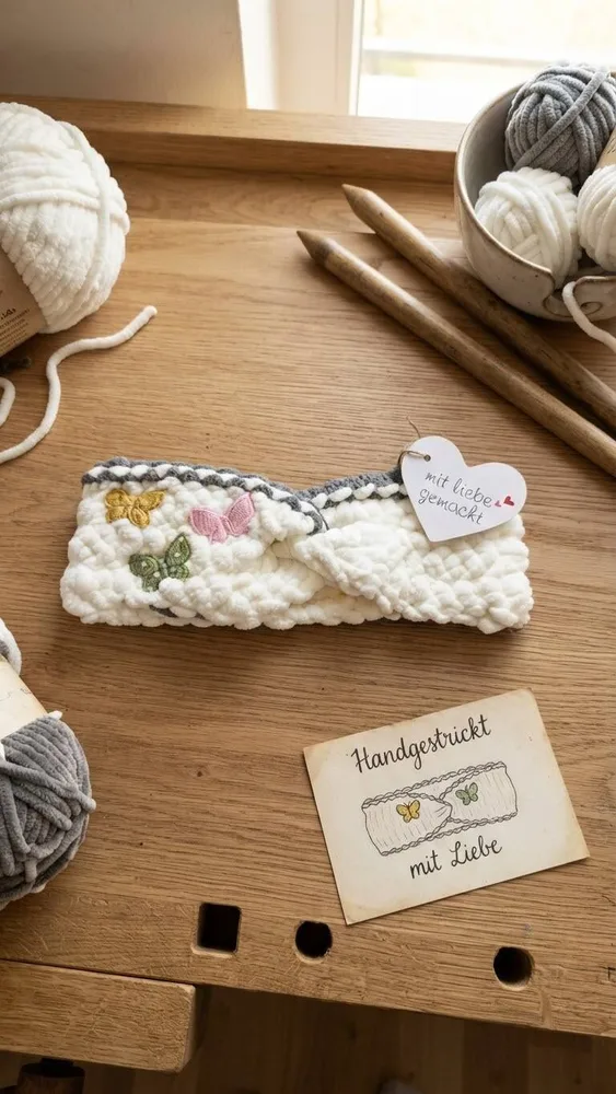 Handgehäkeltes Chenille-Stirnband „Butterfly Meadow“ mit farbigen Akzenten