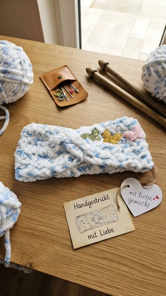 Handgehäkeltes Chenille-Stirnband „Cloudy Sky“ mit Schmetterlingen