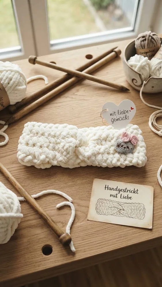 Handgehäkeltes Chenille-Stirnband „Cozy Kitty“ in Cremeweiß