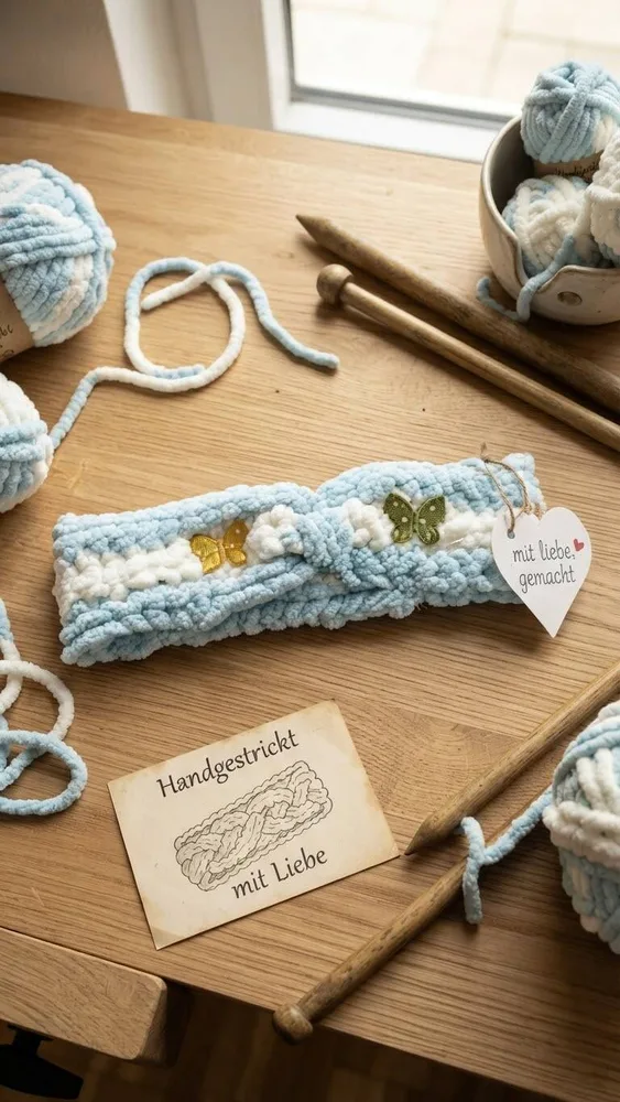 Handgehäkeltes Chenille-Stirnband „Frosty Sky“ mit Glitzer-Schmetterlingen