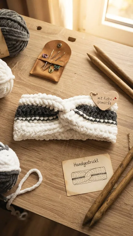 Handgehäkeltes Chenille-Stirnband „Monochrome Zebra“ mit Mittel-Twist
