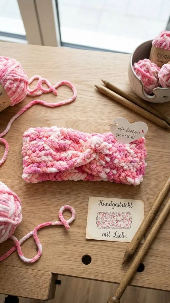 Handgehäkeltes Chenille-Stirnband „Pink Melange“ mit Mittel-Twist