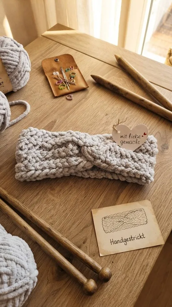 Handgehäkeltes Chenille-Stirnband „Soft Grey“ mit Mittel-Twist