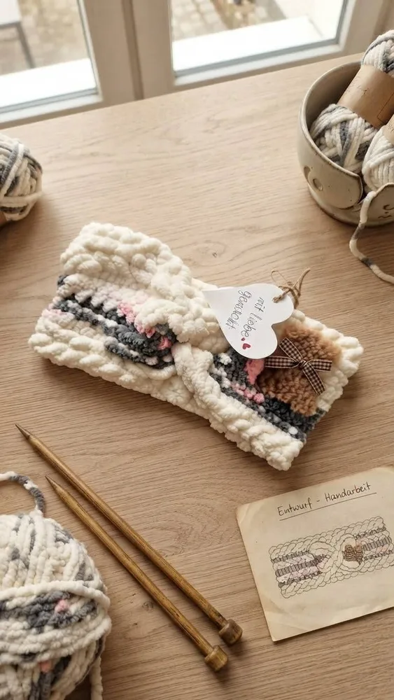 Handgehäkeltes Stirnband „Teddy Cozy“ – Cremeweiß mit Plüschbär & Schleife