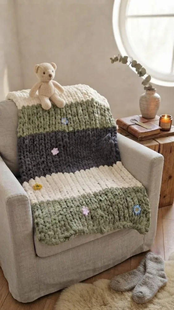 Handgemachte Baby- & Kuscheldecke „Scandi Meadow“ – In edler Finger-Knitting-Methode