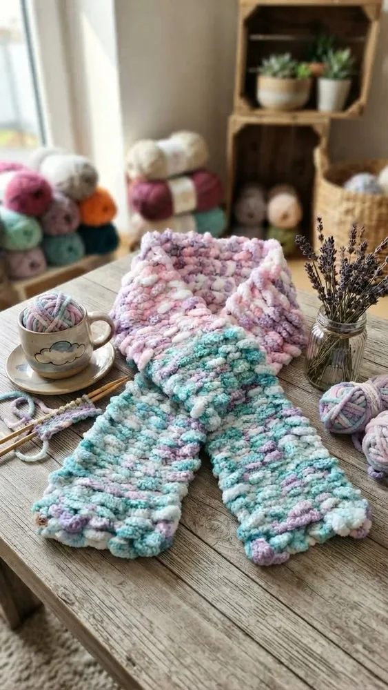 Handgemachter Chenille-Schal „Pastel Wave“ (168 cm) – Edles Finger-Knitting-Unikat