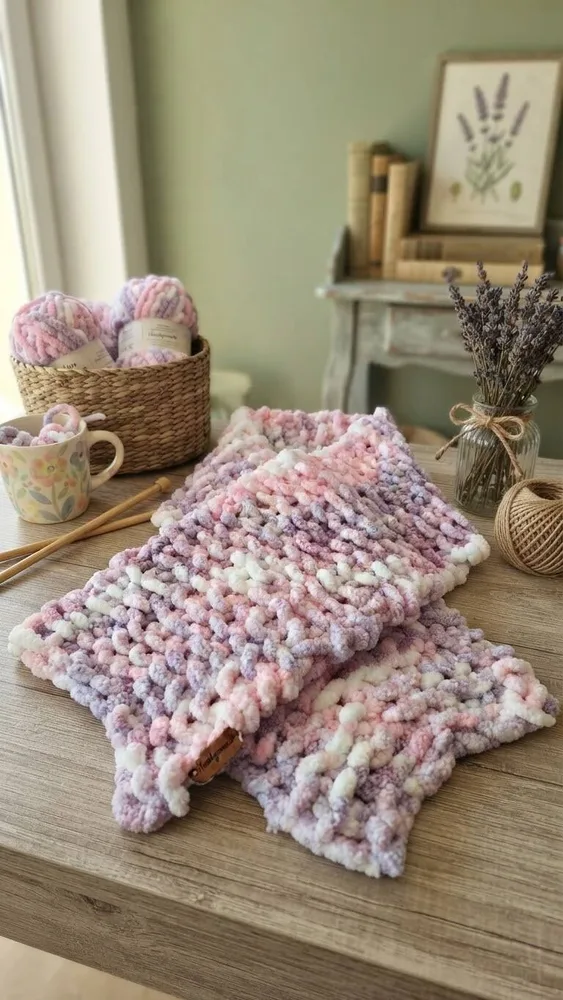 Handgemachter XXL Chenille-Schal „Lavender Dream“ – In edler Finger-Knitting-Methode