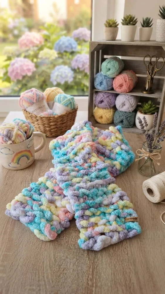 Handgemachter XXL Chenille-Schal „Pastel Breeze“ – In edler Finger-Knitting-Methode