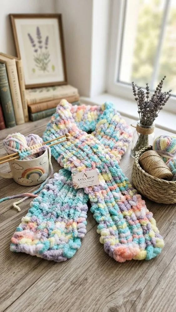 Handgemachter XXL Chenille-Schal „Pastel Rainbow“ – In edler Finger-Knitting-Methode