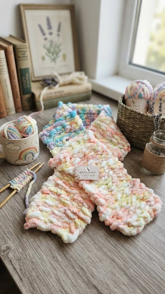 Handgemachter XXL Chenille-Schal „Pastel Sunrise“ – In edler Finger-Knitting-Methode