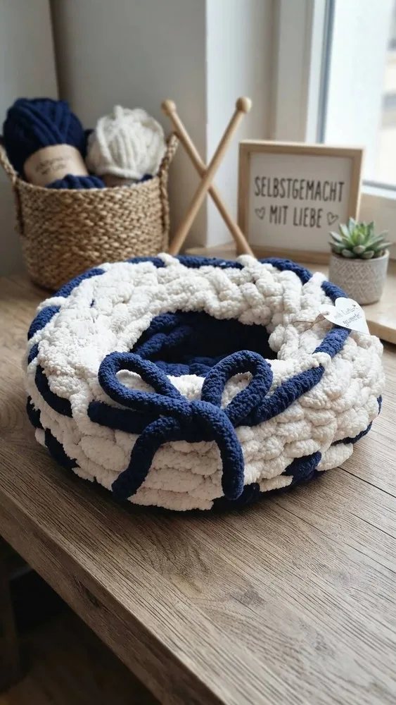 Handgemachtes Tierkörbchen „Cozy Contrast“ – 44 cm aus edler „Scandi Soft“-Wolle