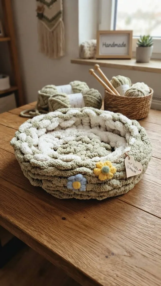 Handgemachtes Tierkörbchen „Scandi Blossom“ – 44 cm aus edler „Scandi Soft“-Wolle